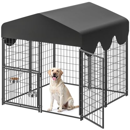 4x4x4.5ft Outdoor Dog Kennel, Metal Heavy Duty Dog Run with Rotating Door & 2 Adjustable Bowls, Dog Kennel Outside with Waterproof Cover, Pet Enclosure Indoor for Small/Medium/Large Dogs