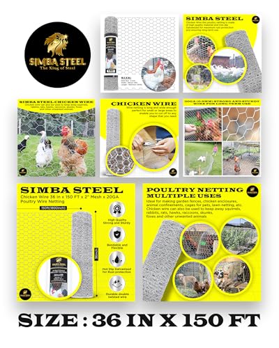 Chicken Wire 36 in x 150 FT x 2” Mesh x 20GA | Poultry Wire Netting | Hot Dipped Galvanised | Hexagonal Galvanized Mesh for Chicken Coop, Rabbit Cage, Fence Barrier PM36x150x2 - style: 36 in x 150 FT x 2 in