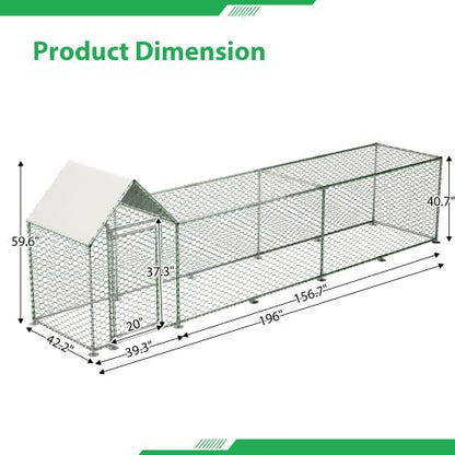 Large Metal Chicken Coop Walk-in Chicken Run Galvanized Wire Poultry Chicken Hen Pen Cage Rabbits Duck Cages with Waterproof and Anti-Ultraviolet Cover for Outside - size: 196.0"L x 42.2"W x 59.6"H