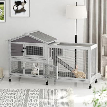 Rabbit Cage with Ramp & Waterproof Roof, Bunny Hutch for Indoor/Outdoor, 2-Story Design, Rabbit Hutch with 6 Lockable Caster Wheels & Three Pull-Out Trays（63.2" l x 22.4" w x 37"）