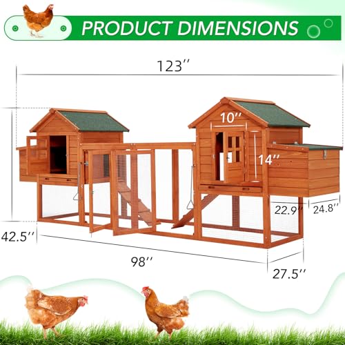 AECOJOY 123“ Chicken Coop for 10 Chickens | Large Chicken Coop with Run, 4 Nesting Boxes, Wooden Outdoor Chicken House with Removable Tray, Roosting Bars, Ramp, Brown - color: Brown
