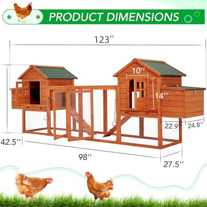 AECOJOY 123“ Chicken Coop for 10 Chickens | Large Chicken Coop with Run, 4 Nesting Boxes, Wooden Outdoor Chicken House with Removable Tray, Roosting Bars, Ramp, Brown - color: Brown