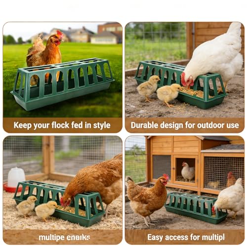 COZIWOW Plastic Poultry Feeder Rack, No-Waste Chicken Feeder with 12 Feeding Slots, Heavy-Duty Green Feeding Trough for Chickens, Ducks, Geese, and Small Poultry, Farm & Backyard Poultry Supplies