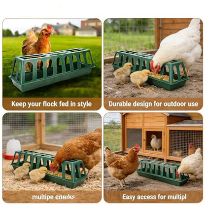 COZIWOW Plastic Poultry Feeder Rack, No-Waste Chicken Feeder with 12 Feeding Slots, Heavy-Duty Green Feeding Trough for Chickens, Ducks, Geese, and Small Poultry, Farm & Backyard Poultry Supplies