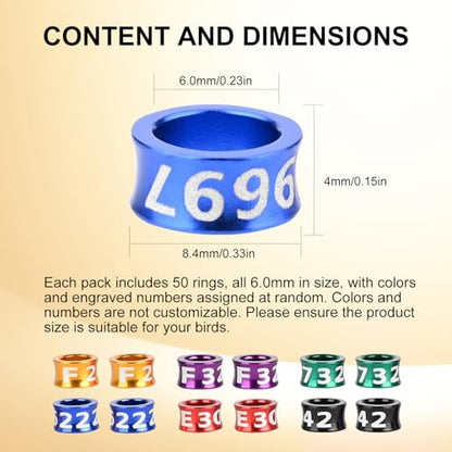 6.0mm Bird Leg Bands，Multicolor Aluminum Identification Rings for Xuanfeng, Small Sun, 50 Packs with Fade-Resistant Engravings - size: 6.0MM