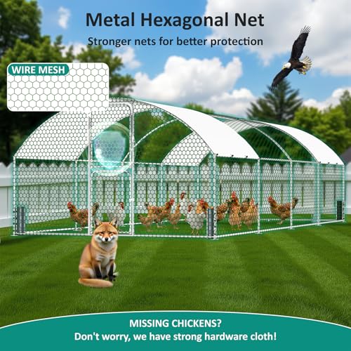 Large Metal Chicken Coop, Chicken Run with Feeding Door, Security Lock and Cover, Outdoor Walk-in Duck/Rabbit Cage Poultry Pen for Backyard, Farm, Yard (Silver - Dome Roof, 26.2 x 9.8 x 6.6 FT) - size: 314.0"L x 118.0"W x 78.7"H