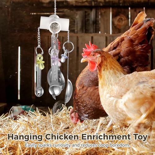 2 Pcs Chicken Enrichment Toys, Hanging Bird Toys with Metal Spoons, Colorful Foraging Chew Toys for Chickens, Hens, Ducks, Parrots and Poultry Coop Accessories