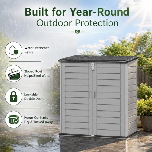 UHOMEPRO 4.6 Ft. X 4.1 Ft Outdoor Horizontal Storage Shed, Resin Storage Shed with Double Lockable Doors, Garbage Can Shed and Garden Tools Storage, Highly Water Resistant