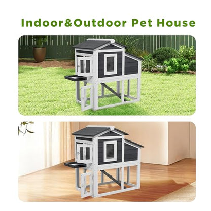 Chicken Run Coop, Wooden Duck Coop Outdoor 2-Tier Hen House All Weather Used Poultry Quail Cage Rabbit Hutch Pet Hideout with Ramp for Small Medium Animals(Grey) - color: Grey