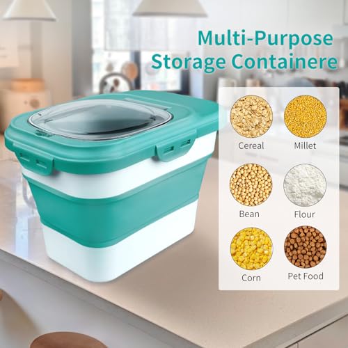 Komzon Rice Storage Container, Collapsible Airtight Food Storage Containers 6-20 Lbs, Rice Dispenser with Measuring Cup and Small Bin for Flour Cereal Pasta Grain, Cat Pet Dog Bird Food Container - color: Green