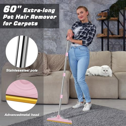 B-Land Carpet Rake for Pet Hair Removal, Reusable Pet Hair Remover with 60” Adjustable Long Handle, Carpet Scraper Dog Cat Hair Remover Tool for Rugs, Mats, Couch, Furniture Pink - color: Pink