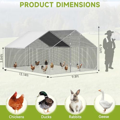 Large Walk-in Chicken Coop with Chicken Run, Galvanized Poultry Enclosure with Waterproof Anti-UV Cover and Security Lock, Ideal for Rabbit, Duck, Backyard and Farm Yard，13.1'x 9.8'x 6.6' - size: 157.7"L x 117.6"W x 78.7"H