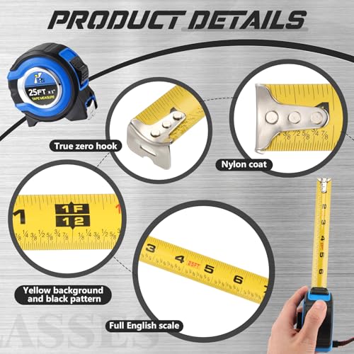 Youyole 20 Pack Tape Measure with Fractions 1/8 Steel Measuring Tape Retractable Easy Read Measurement Ruler Steel Power Blade (25 ft X 1 in,Blue) - size: 25 ft X 1 in