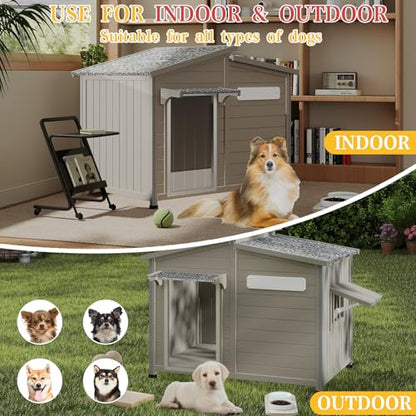Ketive 43" L Outdoor Extra Large Dog House with Removable Floor, Raised Feet, Anti-Chewing Iron Frame – Wooden Kennel with Asphalt Roof, Window for Indoor/Outdoor Use, Ideal for Medium to Large Dogs - style: 43.5" L x 29.5" W x 33.5" H