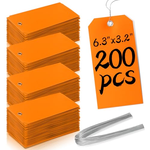 200 Pcs 6 1/4 x 3 1/8 Neon Color Marking Tags with Wire Metal Wire Tags Write On Waterproof Shipping Tags with Wires Blank Tags with String Heavy Duty Tags for Equipment Car Parts Inventory (Orange) - color: Orange