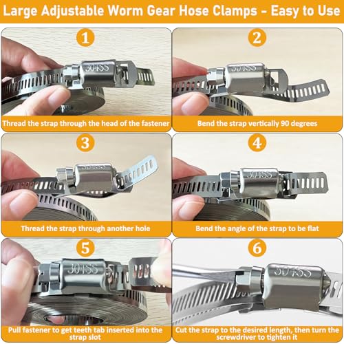 Hose Clamps Stainless Steel, Hose Clamp Assortment Kit, 32.81FT DIY Large Adjustable Worm Gear Metal Clamps Fuel Line Clamp with 40 Fasteners for Plumbing, Water Pipe, Radiator, Automotive, Mechanical - size: 2 Set - 10 m Metal Strap + 40 Fasteners
