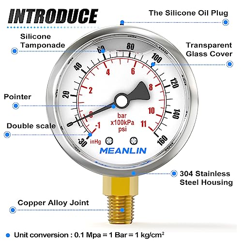 MEANLIN MEASURE -30inHG~160Psi Stainless Steel 1/4" NPT 2.5" FACE DIAL Vacuum Pressure Gauge, Lower Mount, with 1/2" NPT and 3/8" NPT Hex Bushing - size: -30inHG-160Psi