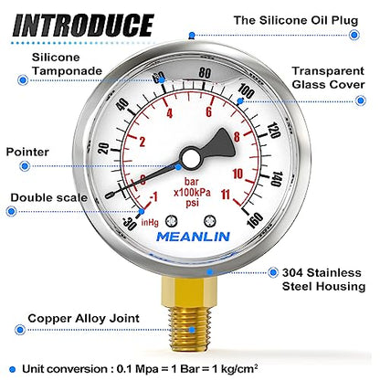 MEANLIN MEASURE -30inHG~160Psi Stainless Steel 1/4" NPT 2.5" FACE DIAL Vacuum Pressure Gauge, Lower Mount, with 1/2" NPT and 3/8" NPT Hex Bushing - size: -30inHG-160Psi