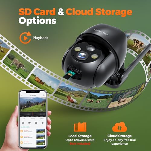Solareye 4G LTE Cellular Outdoor Camera, No WiFi Security Camera, Built-in SIM Card, 2K Color Night Vision, 360° Live View, PIR Motion Detection, 2-Way Talk for Wildlife Monitoring
