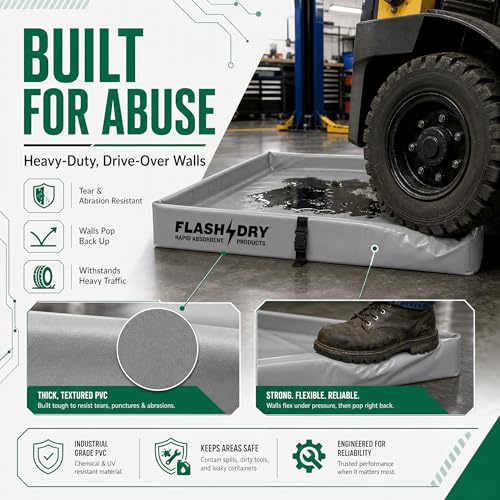 FLASHDRY Portable Spill Containment Berm, Folding Duck Pond 4' x 4', Reusable Oil, Fuel & Chemical Spill Containment Tray, UV-Resistant PVC, Heavy-Duty, Quick & Easy Setup, Garage & Industrial Use - color: Grey