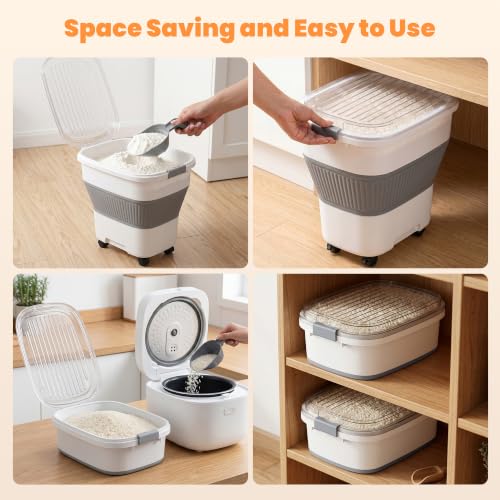 50 Lbs Rice Storage Container with Wheels, Collapsible Airtight Rice Holder with Transparent Lid, Measuring Cup, Scoop, Handle, BPA Free Food Storage Container for Pet Food, Grain, Bird Seed - color: Clear/50lbs