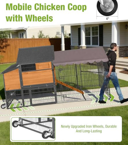 GUTINNEEN Large Metal Chicken Coop with Run, Large Wooden Chicken House with Iron Frame, Weatherproof Roof, Hen House with Pull-Out Tray, Non-Slip Ramp, Ventilation Windows, 85" L - size: 85.6"L x 40.6"W x 48.2"H