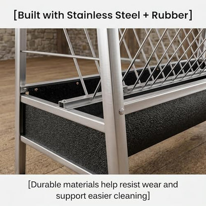 77 Gallon Stainless Steel Livestock Hay Feeder, Anti-Waste Rubber Trough Feeding Container, Heavy Duty Feeder for Goats, Sheep, Calves and Horses, Farm Animal Feed Accessory