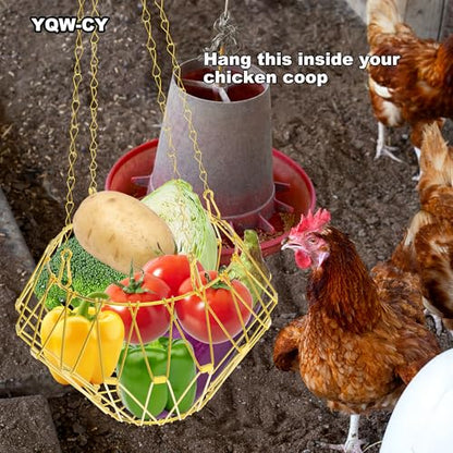 Hanging Chicken Feeder, Foldable Chicken Vegetable Feeder, Golden Poultry Fruits Feeding Holder Basket with Hanging Chain, Veggie Treat Ball Toys Cage for Chicken Hen Coop Accessories - color: Hanging Chicken Feeder