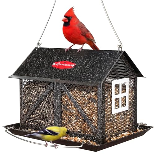Kingsyard Metal Bird Feeder for Outdoors Hanging, 2-in-1 Wild Bird Feeder with Seed Tray & Built-in Perch, 5 lb Large Capacity for Cardinal Chickadee Finch, Black - color: Black