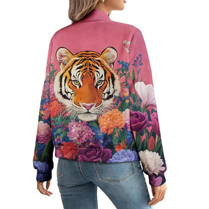 Vintage Fall/Winter Casual Animal Print Graphic Coat Women's Basic Crew Neck Long Sleeve Fashion Bomber Jacket