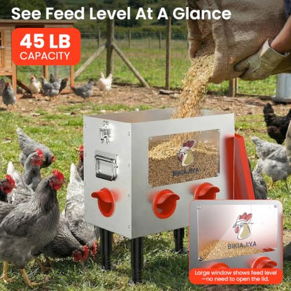 BIKIAJIYA Automatic Chicken Feeder, 55LB Large Capacity, Viewing Window Anti-Waste Rust-Proof Alloy Steel, 6 Feeding Ports, Waterproof & Rodent Proof, Adjustable Legs & Locking Lid for Chickens, Ducks
