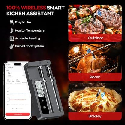 Smart Wireless Meat Thermometer with Dual Probes, Bluetooth & WiFi Combo, Remote Monitoring & Smart Alerts for BBQ, Grill, Smoker, Oven, Air Fryer