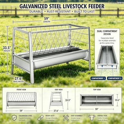 59"×33.5"×19.7" 77 Gallon Dual Zone Pasture Feeder, Galvanized Steel Hay & Concentrate Feeder, Anti-Tread Grid & Leak-Proof Trough, for Goats, Sheep, Cattle in Small & Large Farms