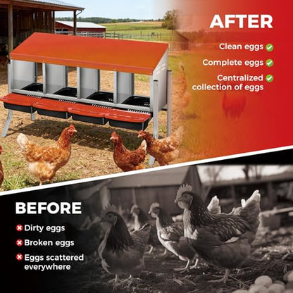 Chicken Nesting Box 4-Compartment Roll-Out with Pull-Out Trays, Egg Nesting Boxes for Hens, Chicken Coop Laying Box,Easy Wall Mounting with Metal Legs