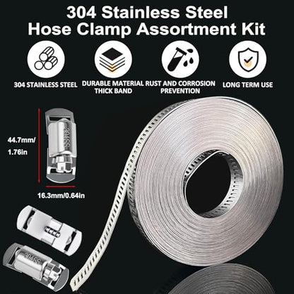 Hose Clamps Stainless Steel, Large Worm Gear Duct Pipe Hose Clamp Assortment Kit, Band Fittings Strap, 32.81FT Adjustable Metal Bolt with 20 Stronger Fasteners Screw for Plumbing Auto Tube Fuel Line - size: 1 Set - 10 m Metal Strap + 20 Fasteners