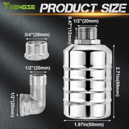 2PCS 304 Stainless Steel Float Valve Kit – Auto Water Level Control for Tanks & Livestock Troughs, Includes 1/2" Straight + 3/4" Elbow Brass Fittings & Adjustable Silicone Feed Strips (0.2–10 bar)