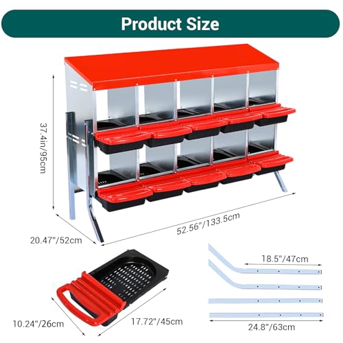 Garvee Chicken Nesting Boxes, 10 Hole Metal Chicken Laying Box with Removable Trays and Roll Out Egg Collection for Chicken Coop, with Metal Legs, Red - color: red, size: 10 Holes with Legs