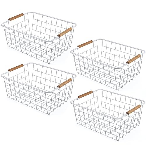 Wire Basket 4 Pcs Wire Storage Baskets Wire Baskets Organizing with Wooden Handles Wire Basket Pantry Organization and Storage Metal Wire Food Storage Basket for Kitchen, Cabinets (White 4PCS) - color: White 4PCS