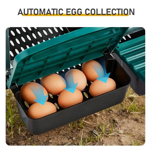 Chicken Nesting Box with 6 Compartments, Automatic Roll-Away Egg Collection, Wall Mount Hen Laying Box with Perch Removable Trays for Easy Cleaning Durable Galvanized Steel Nest Box for Backyard Green