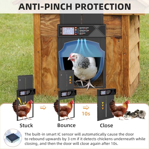 Automatic Chicken Coop Door Solar Powered, LCD Screen Electric Chicken Coop Door with Timer & Light Sensor, Aluminum Alloy Automatic Chicken Door with Anti-Pinch, Remote Control & 4 Working Modes