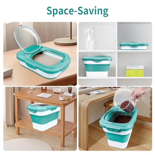 Komzon Rice Storage Container, Collapsible Airtight Food Storage Containers 6-20 Lbs, Rice Dispenser with Measuring Cup and Small Bin for Flour Cereal Pasta Grain, Cat Pet Dog Bird Food Container - color: Green