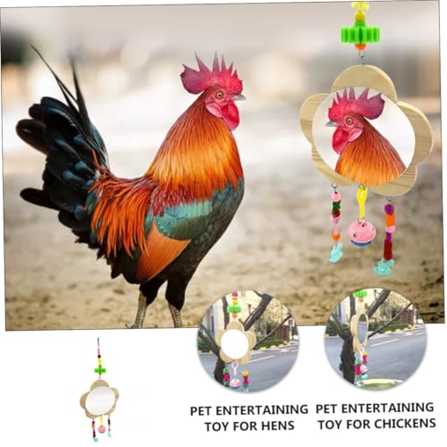 Creative Wooden Hanging Mirror Toy for Chickens and Hens Fun Pet Rooster Accessory Bell Engaging Pecking Play for Coop Entertainment