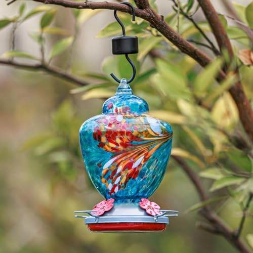 REZIPO Hummingbird Feeder with Perch - Hand Blown Glass - Blue - 38 Fluid Ounces Hummingbird Nectar Capacity Include Hanging Wires and Moat Hook - color: Blue