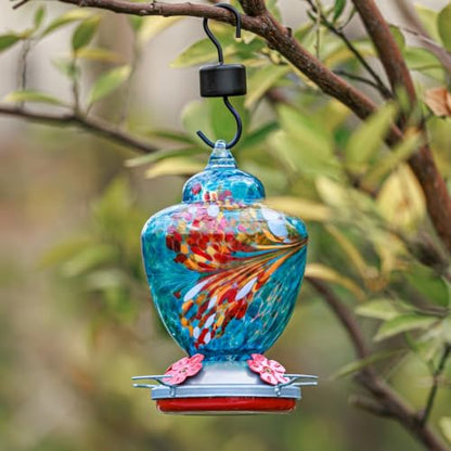 REZIPO Hummingbird Feeder with Perch - Hand Blown Glass - Blue - 38 Fluid Ounces Hummingbird Nectar Capacity Include Hanging Wires and Moat Hook - color: Blue
