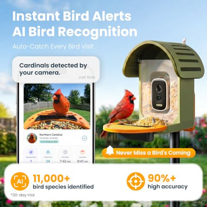 Smart Bird Feeder with Camera, Green | 2.5K UHD, AI Identifies 11,000+ Bird Species, Real-time Videos & Pictures, Solar Powered, Wireless for Outdoor, Gift - color: Green