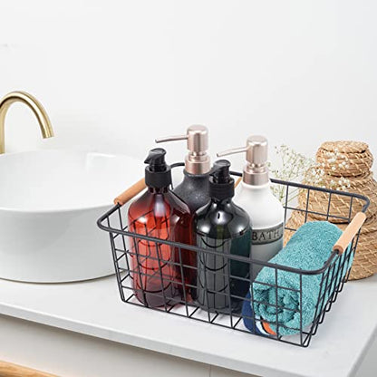 Black 2PCS Wire Storage Baskets with Wooden Handles - Organizing Pantry and Kitchen Cabinets - Metal Wire Food Storage Basket - color: Black 2PCS