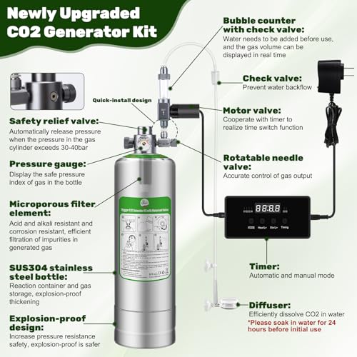 Upgraded 2L/5L Aquarium CO2 Generator System with Timer-Enabled Motor Valve, Upgrade CO2 System Kit with Quick-Release Structure for Aquarium Plants Tanks (5L) - size: 5L