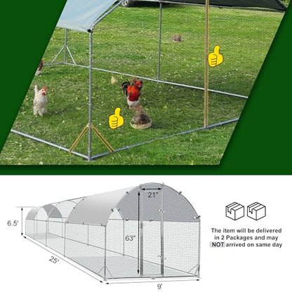 Large Metal Chicken Coop Round Top Upgrade Tri-Supporting Wire Mesh Chicken Run,Chicken Pen with Water-Resident and Anti-UV Cover,Duck Rabbit House Outdoor (Dome Roof 25'L x 9'W x 6.5'H) - size: 228.2"L x 108.0"W x 78.0"H