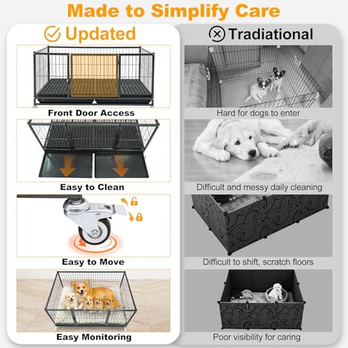 Homey Pet 43'' Whelping Box for Dogs and Puppies, Taller Heavy Duty Dog Whelping Box Puppy Playpen with 4 Wheels, Front Door, Top Open, Stackable Metal Dog Crate Cage Kennel Indoor