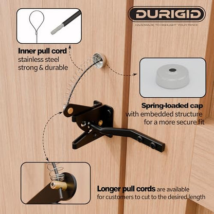 Spring Loaded Gate Latch Pull String Fence Gate Latch, Fingertip Release Self Latching Gate Latches, Small Gate Latch for Wooden Fence, Vinyl Door, Aluminum Gate, 1 Pack, Black